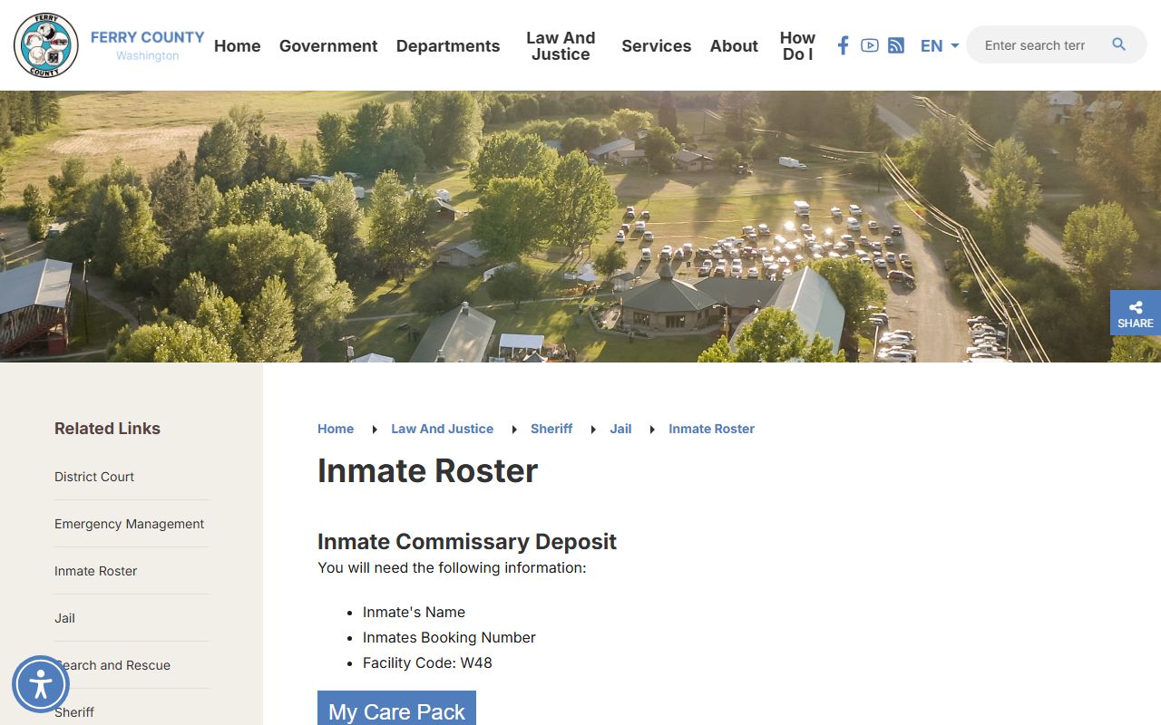 Ferry County Jail roster page with PDF inmate roster and VINELink lookup instructions