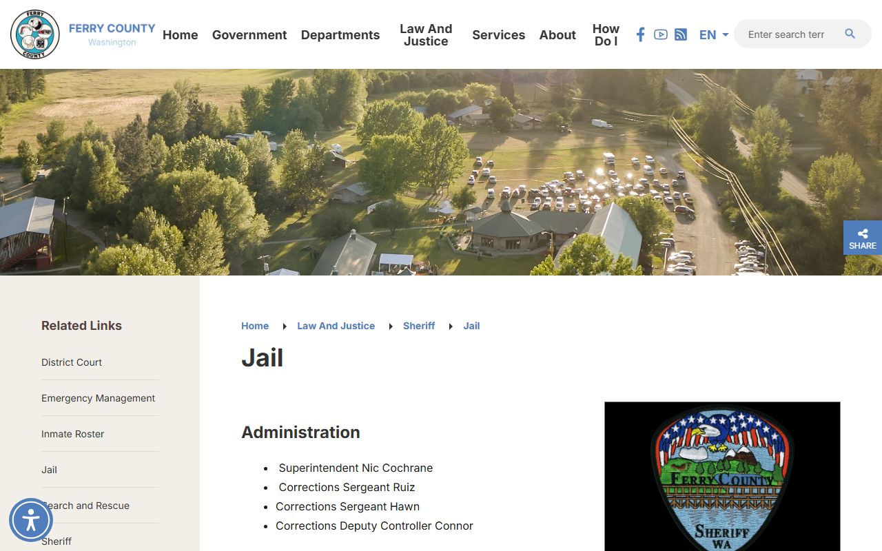 Ferry County Jail page with facility contact and inmate roster details